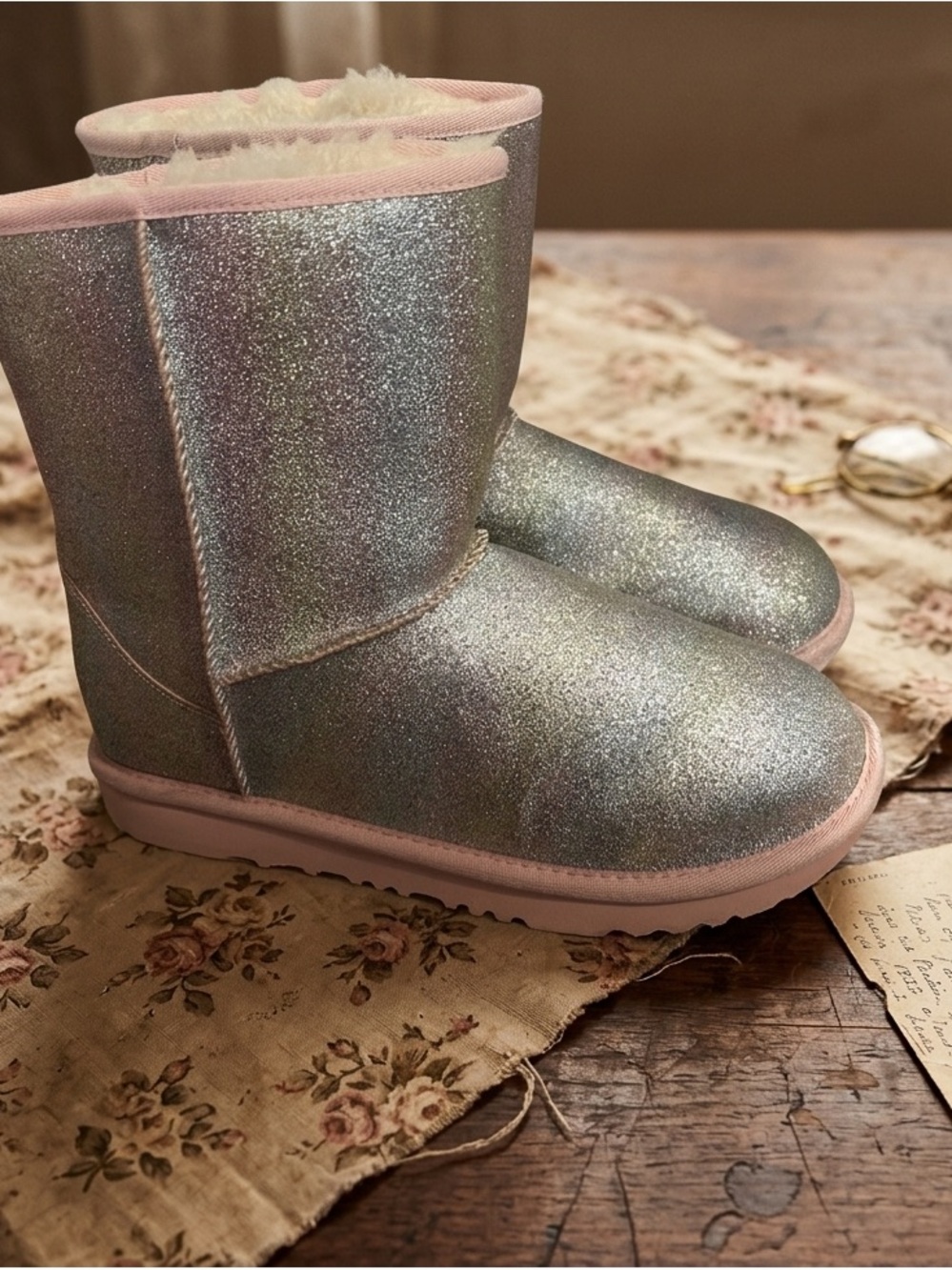 UGG Silver Glitter Short Boots with Pink Trim